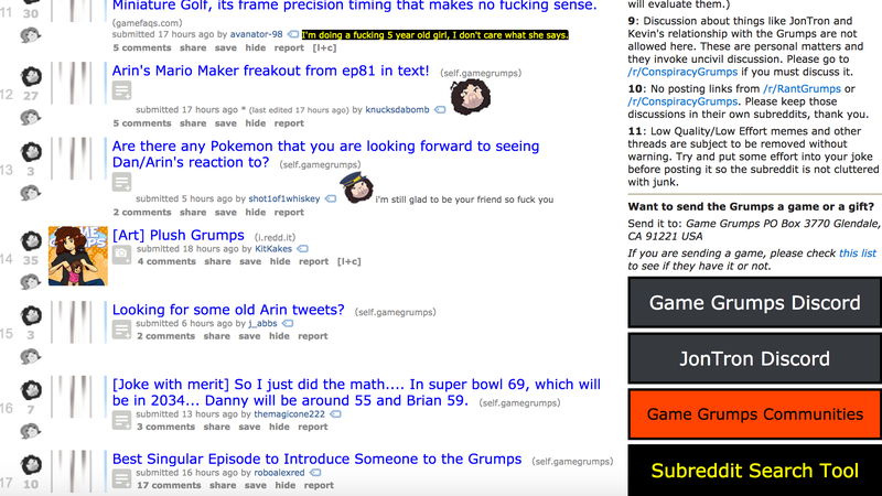 Screenshot: r/GameGrumps on Reddit. The Discord invite is linked in the sidebar below the subreddit rules.